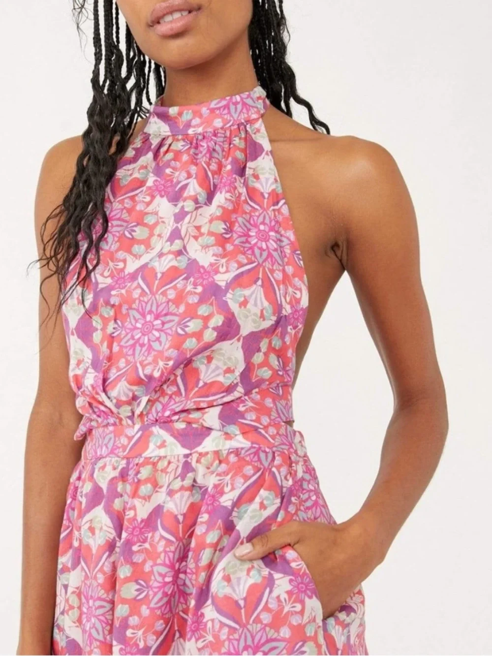 Free People Coral Tides Floral Pattern High Waisted Halter Romper Onepiece